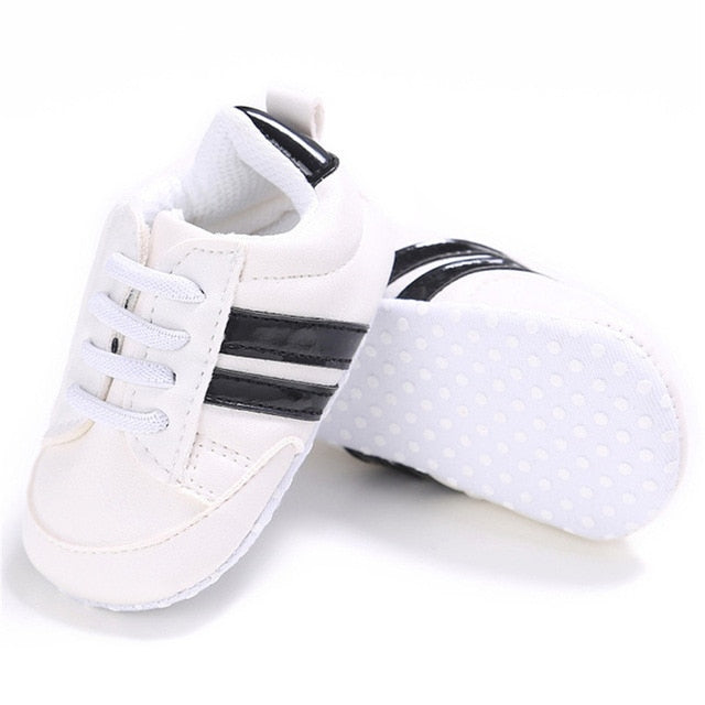 2019 Baby Shoes Newborn Boys Girls Two Striped First Walkers Kids Toddlers Lace Up PU Leather Soft Soles Sneakers 0-18 Months