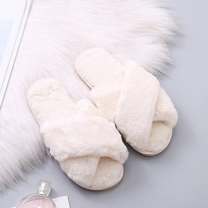 MCCKLE Winter Home Shoes Women House Slippers Warm Faux Fur Ladies Cross Soft Plush Furry Female Open Toe Slides Fashion Shoes