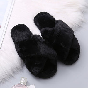 MCCKLE Winter Home Shoes Women House Slippers Warm Faux Fur Ladies Cross Soft Plush Furry Female Open Toe Slides Fashion Shoes