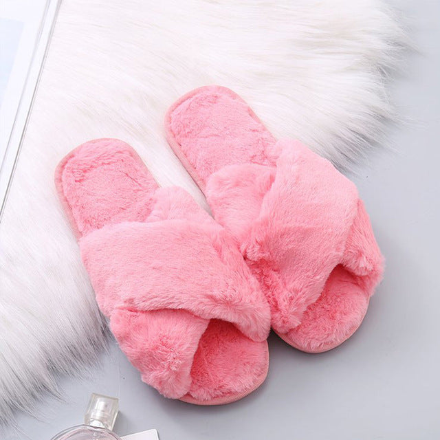 MCCKLE Winter Home Shoes Women House Slippers Warm Faux Fur Ladies Cross Soft Plush Furry Female Open Toe Slides Fashion Shoes