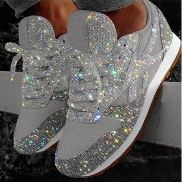 Women Flat Glitter Sneakers Casual Female Mesh Lace Up Bling Platform Comfort Plus Size Vulcanized Shoes 2019 Autumn