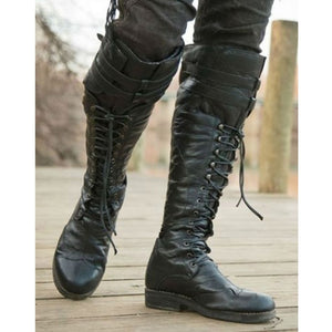 2019 Men Lace Up Leather Motorcycle Boots Men Winter Warm Knee Length Pirate Boots Solid Black Punk Round Toe Male Booties D20