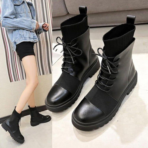 Winter Boots Women Shoes Woman Boots Fashion Flat Round PU Ankle Boots 2019 Winter Elastic Lace Black Boots Comfortable Boots