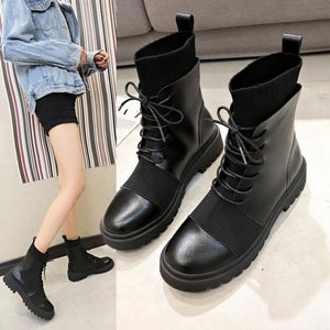 Winter Boots Women Shoes Woman Boots Fashion Flat Round PU Ankle Boots 2019 Winter Elastic Lace Black Boots Comfortable Boots