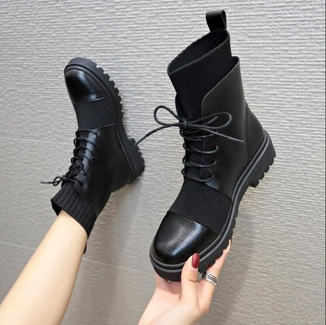 Winter Boots Women Shoes Woman Boots Fashion Flat Round PU Ankle Boots 2019 Winter Elastic Lace Black Boots Comfortable Boots