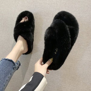 Winter Women House Fuzzy Slippers 2019 Faux Fur Fashion Warm Shoes Woman Slip on Flats Female Furry Slides Black Pink Cozy Home