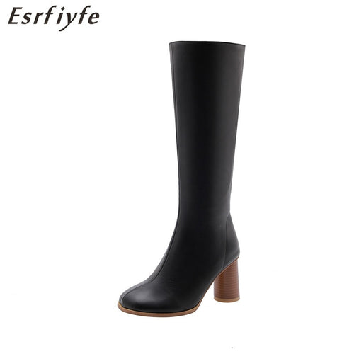 ESRFIYFE 2019 New Fashion High Heel Women Knee High Boots Pu Leather Office Ladies Dress Shoes Autumn Boots Woman Big Size 34-48