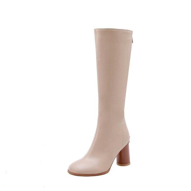 ESRFIYFE 2019 New Fashion High Heel Women Knee High Boots Pu Leather Office Ladies Dress Shoes Autumn Boots Woman Big Size 34-48