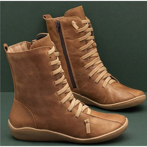 Women Ankle Boots Autumn Women's Vintage Zipper Lace Up Ladies Leather High Top Shoes Woman Retro Working Boots Female Shoes