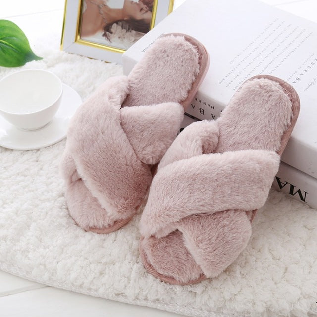 COOTELILI Winter Women Home Slippers with Faux Fur Fashion Warm Shoes Woman Slip on Flats Female Slides Black Pink Plus Size 41