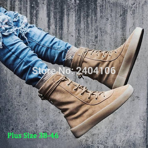 Shooegle Plus Size Celebrity Kanye Ankle Booties Casual Shoes Botas Hombre Lace Up Flat Platform Military Crepe Army Boots Men