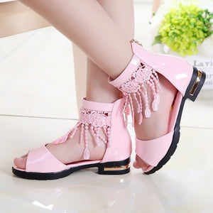 Summer Roman Sandals for Girls Shoes Tassel Lace Kids Sandals New Fish Mouth Princess Shoes Black White Pink Size 27-36 Fashion