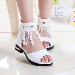 Summer Roman Sandals for Girls Shoes Tassel Lace Kids Sandals New Fish Mouth Princess Shoes Black White Pink Size 27-36 Fashion